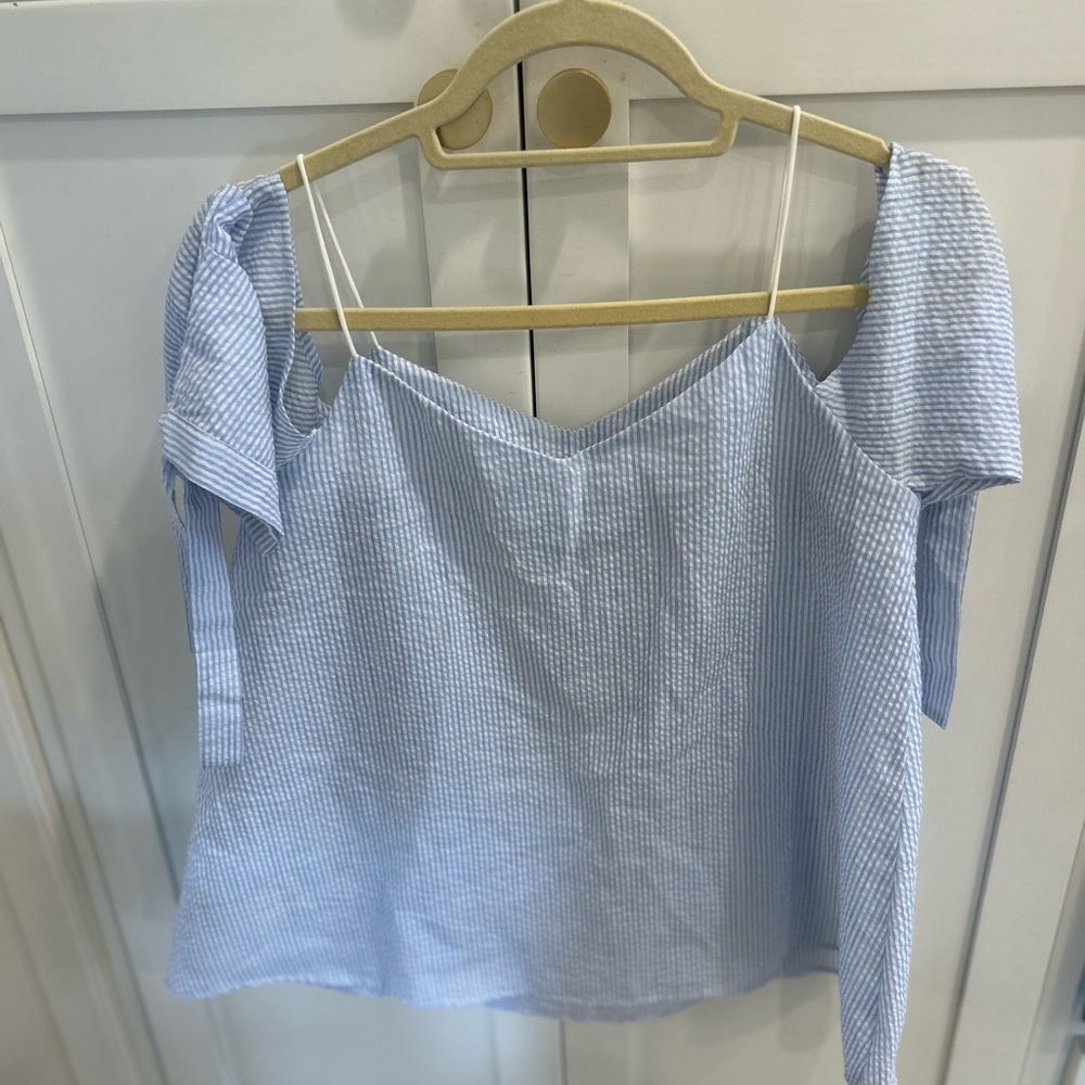 THML medium Blue Striped Women's Top off shoulder - Picture 4 of 4